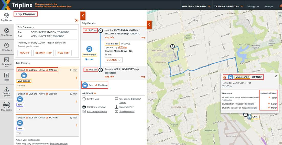 Help and web accessibility Trip Planner Triplinx.ca